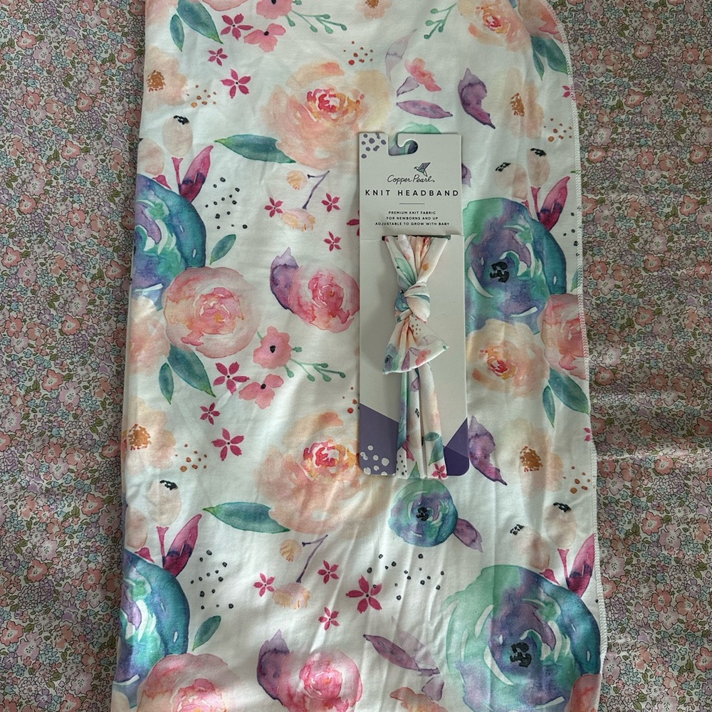 NWOT Copper Pearl Buttery Soft Floral Swaddle and Headband - Like New!!
